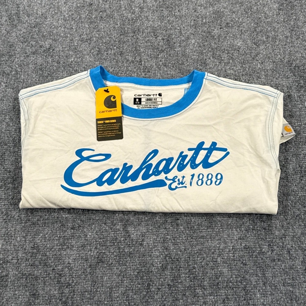 Carhartt Womens Medium Loose Fit White Blue Ringer Graphic T-Shirt NWT